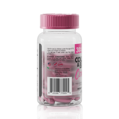 Back view of Collagen & Biotin Complex bottle with pink cap, showcasing storage instructions, allergen warnings, and company contact information.