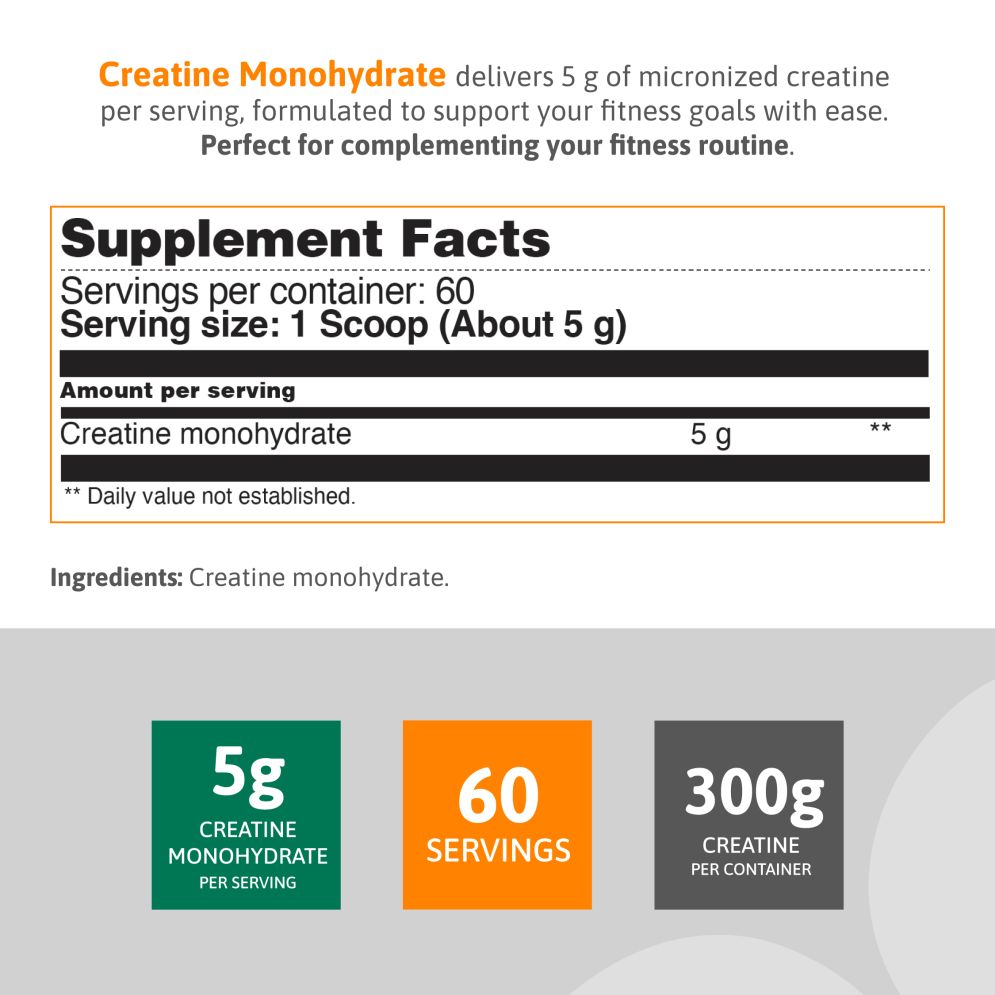 Creatine Monohydrate unflavored powder 300 g, supports workout performance, muscle recovery, and strength gains with 5 g per serving