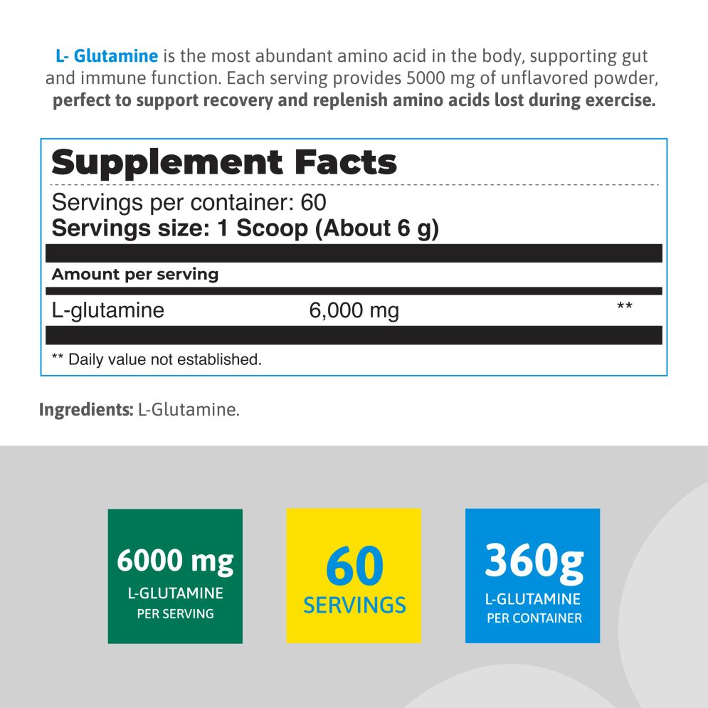 Nutritional information for Healthy Sports L-Glutamine powder, featuring 6000mg per serving, 60 servings, supports gut health and muscle recovery.