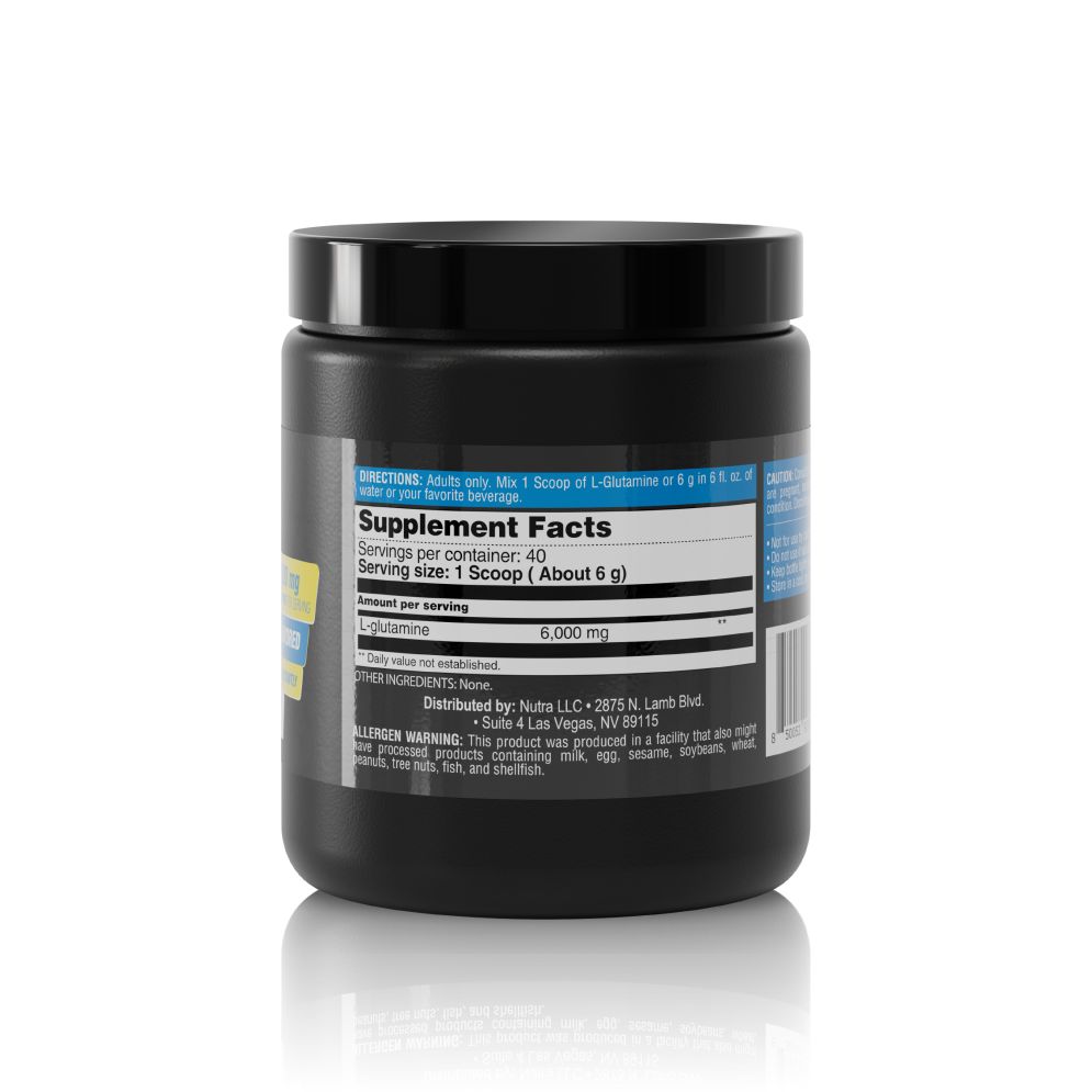 Supplement facts of Healthy Sports L-Glutamine powder 6000mg, 40 servings, 240g container for gut health and muscle recovery.