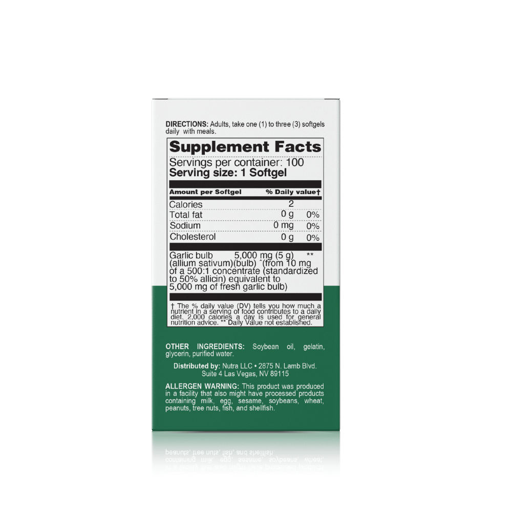 Supplement facts on the Garlic Extract box, with details on serving size and ingredients