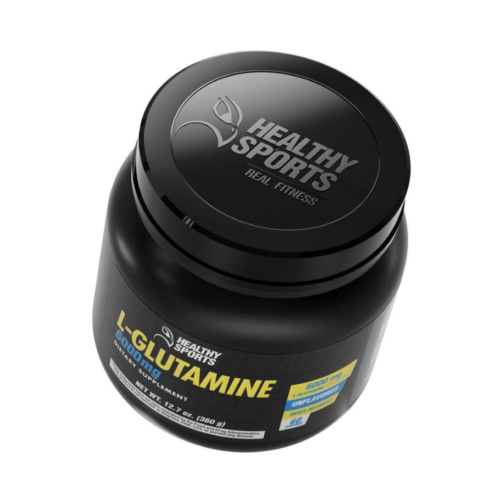 Top view of L-Glutamine powder supplement 6000mg, 360g container from Healthy Sports, ideal for muscle recovery and gut health.
