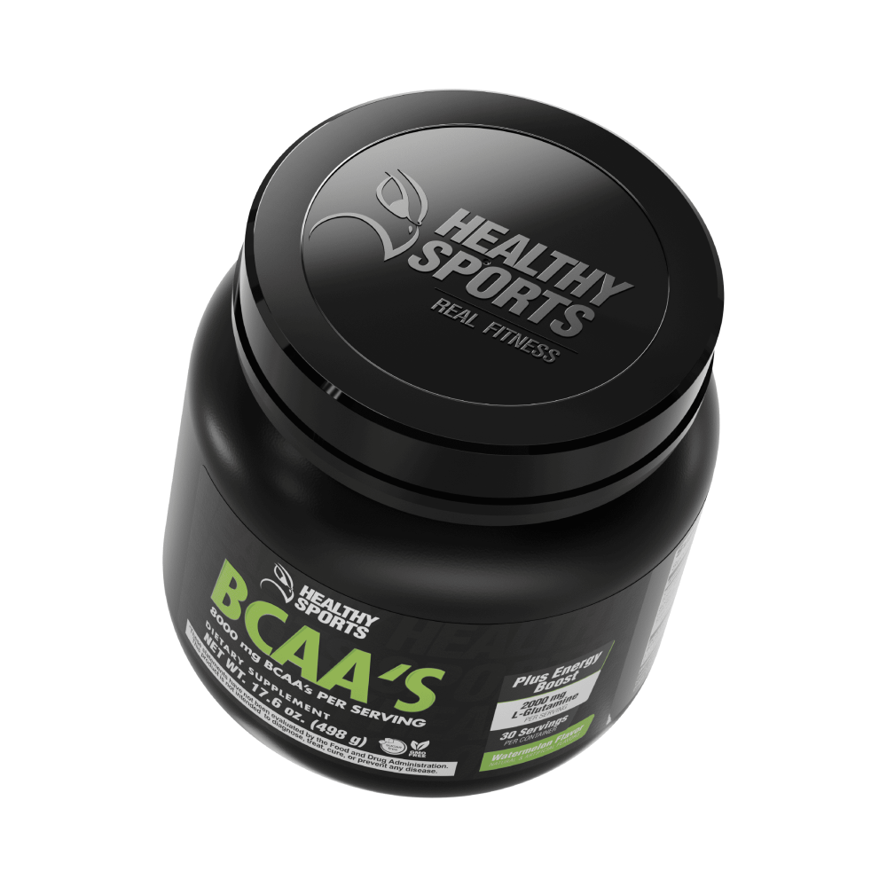 Healthy Sports BCAAs supplement, real fitness branding, 30 servings of BCAAs powder for energy, muscle recovery, and workout performance.