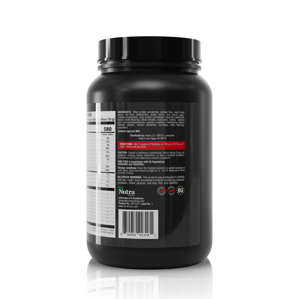 Side view of Barbarus lean mass gainer 2 lbs jar with ingredient list and usage directions