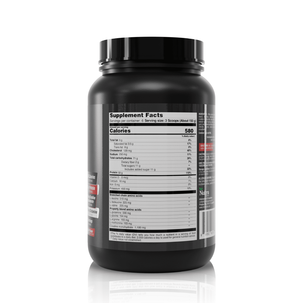 Back of Barbarus 2 lbs lean mass gainer jar displaying supplement facts with whey protein concentrate