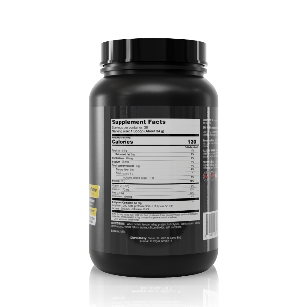 Back view showing the nutrition facts panel of Whey Protein Isolate Plus Hydrolysate