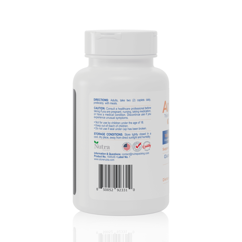 ArthriFlex glucosamine chondroitin MSM bottle side label with directions and storage information.