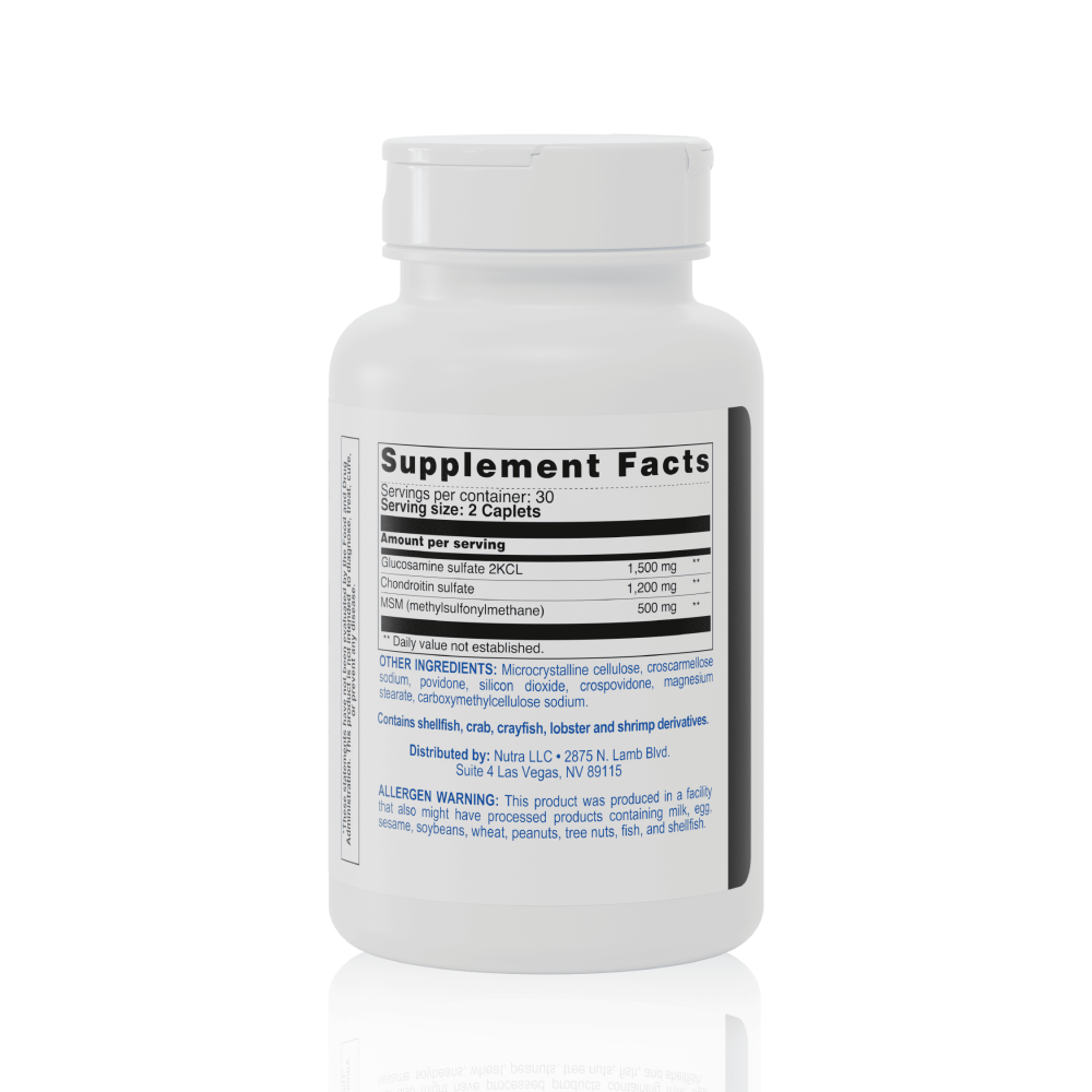 ArthriFlex supplement facts label displaying glucosamine 1500 mg, chondroitin 1200 mg, and MSM 500 mg per serving.