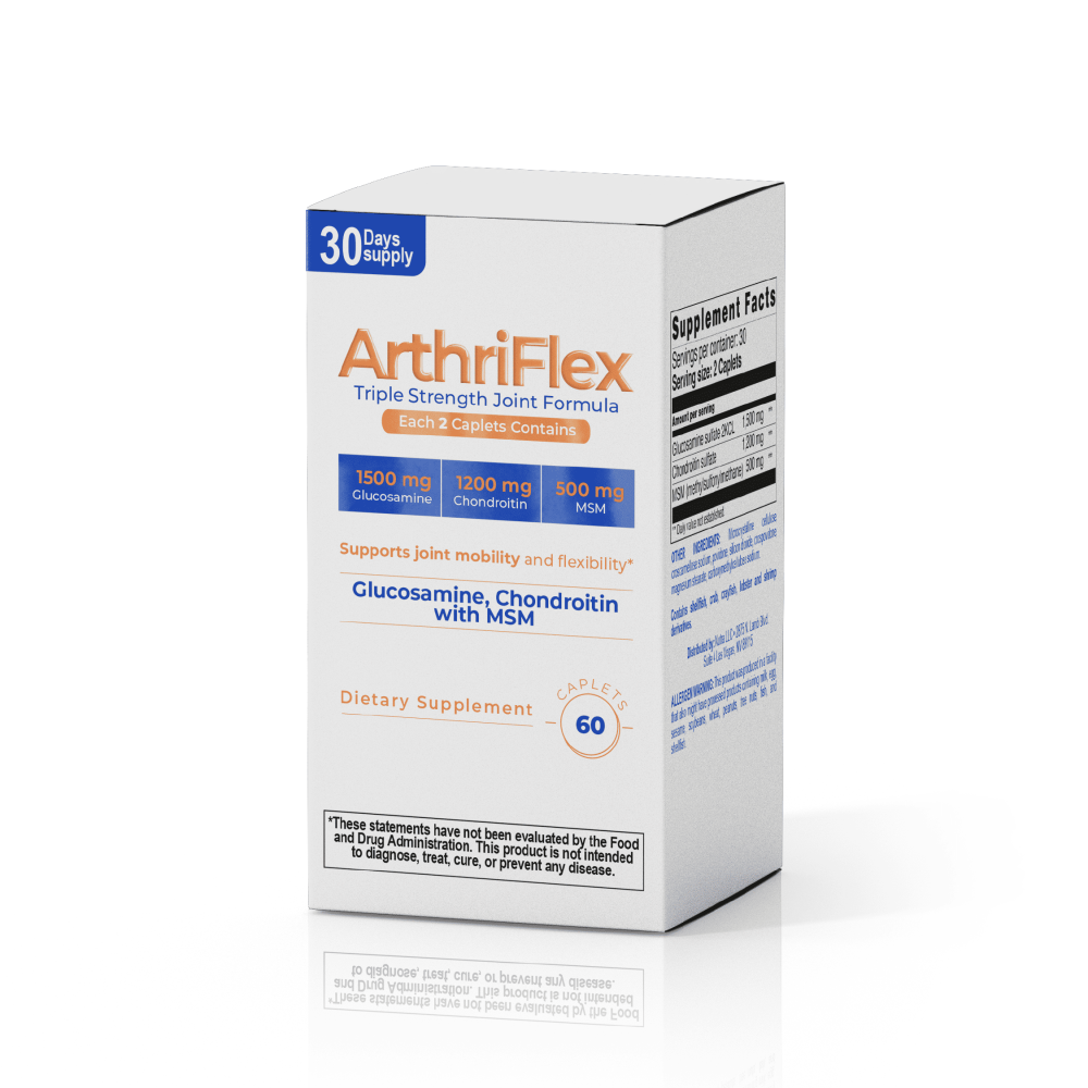 ArthriFlex 120 caplets bottle top view, triple strength joint formula with glucosamine, chondroitin, and MSM.
