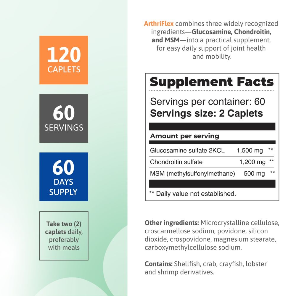Detailed supplement facts panel of ArthriFlex 120 caplets, showing glucosamine, chondroitin, and MSM dosage