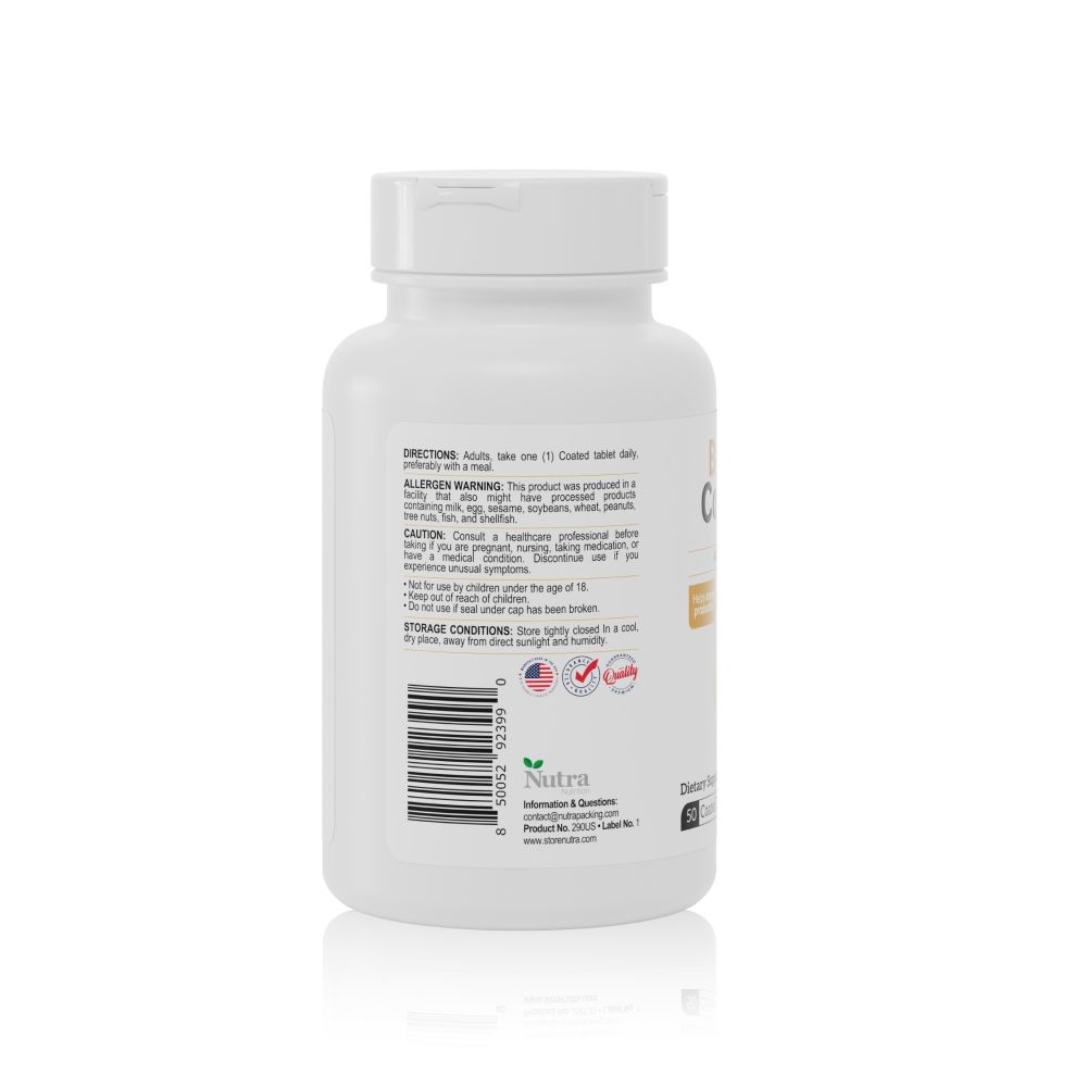 Side view of B-100 Complex bottle with directions for use, allergen warning, and storage conditions.