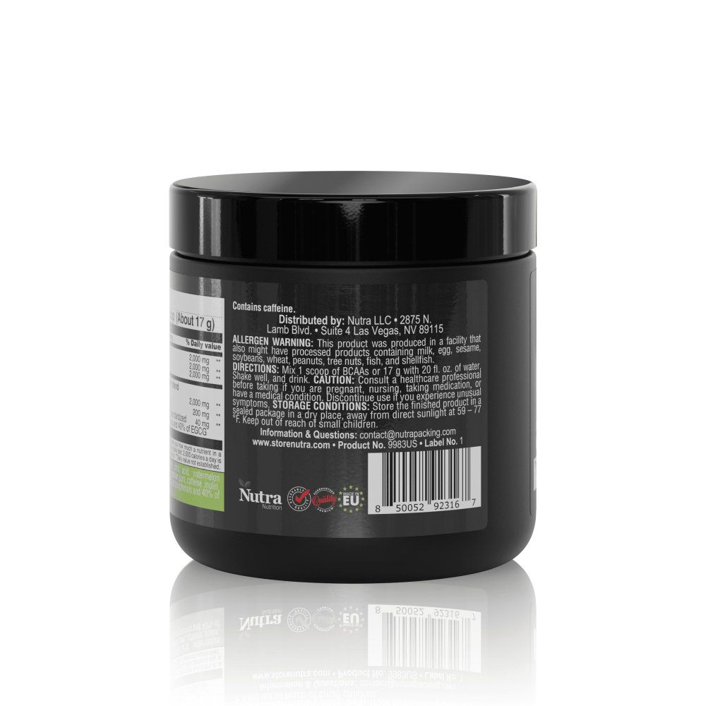 Side view of Healthy Sports BCAAs 15 servings, 249 g. Allergen warnings, storage instructions, and product details for amino acid recovery.