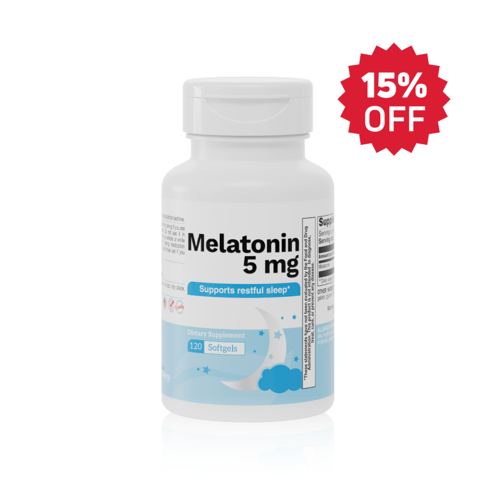 Bottle of Melatonin 5 mg, 120 softgels, dietary supplement for restful sleep support, white and light blue label with moon and stars illustration.