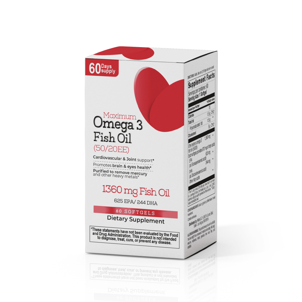 Box of Omega 3 Fish Oil 1360 mg, red and white design, 60 softgels