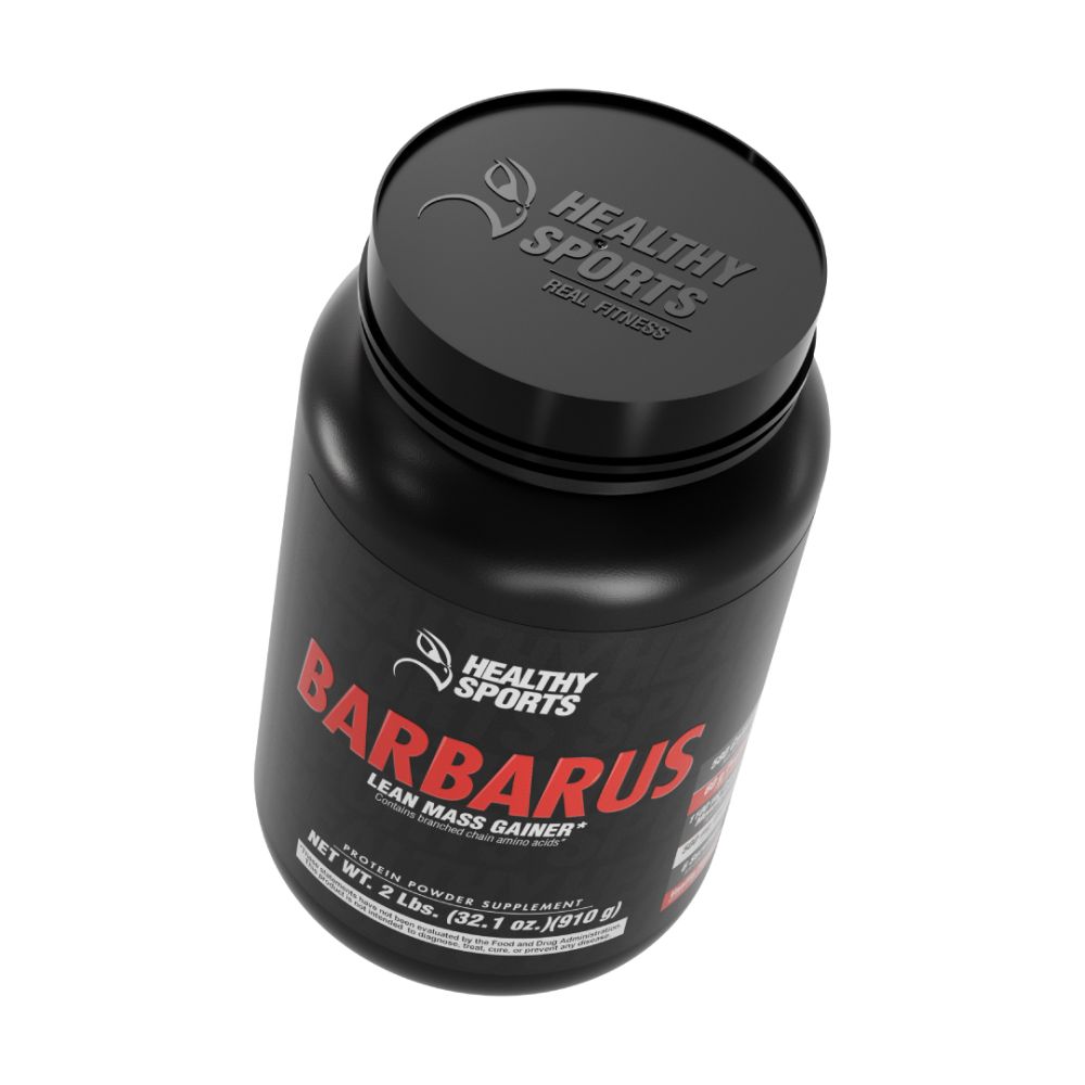 Top view of Healthy Sports Barbarus whey protein concentrate jar, 2 lbs presentation