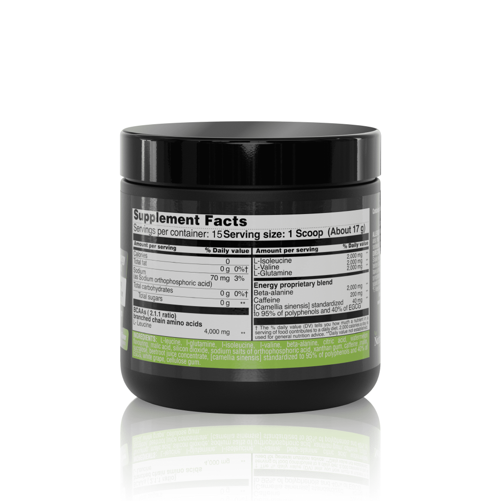 Supplement Facts label of Healthy Sports BCAAs powder. 15 servings of 8,000 mg BCAAs and energy-boosting ingredients.