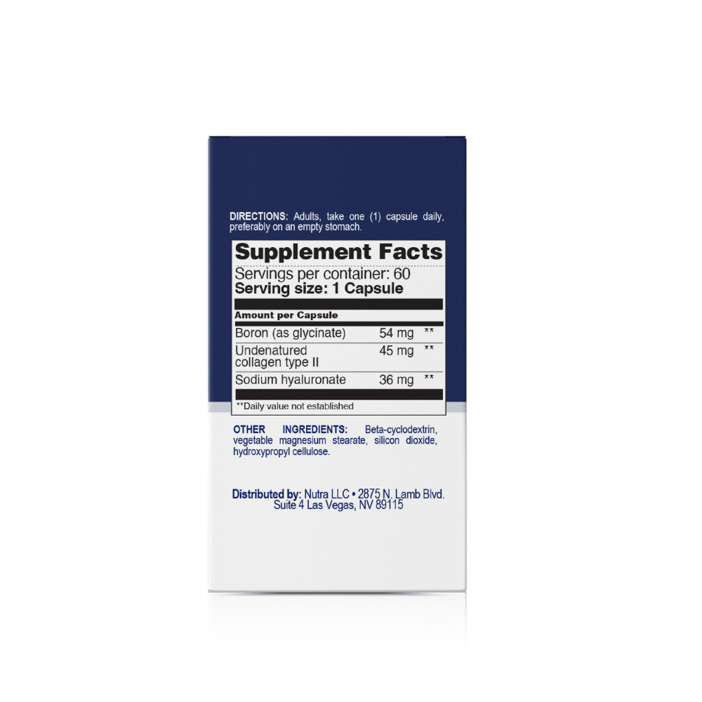 Supplement Facts panel on Pro-Move box displaying 45 mg undenatured collagen type II and supporting ingredients.