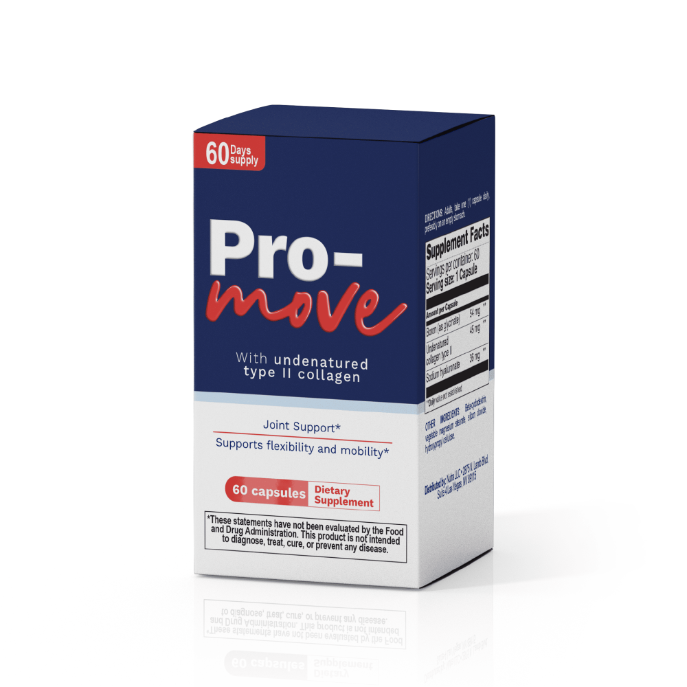 Pro-Move box with undenatured type II collagen, highlighting joint support, flexibility, and 60-day supply.
