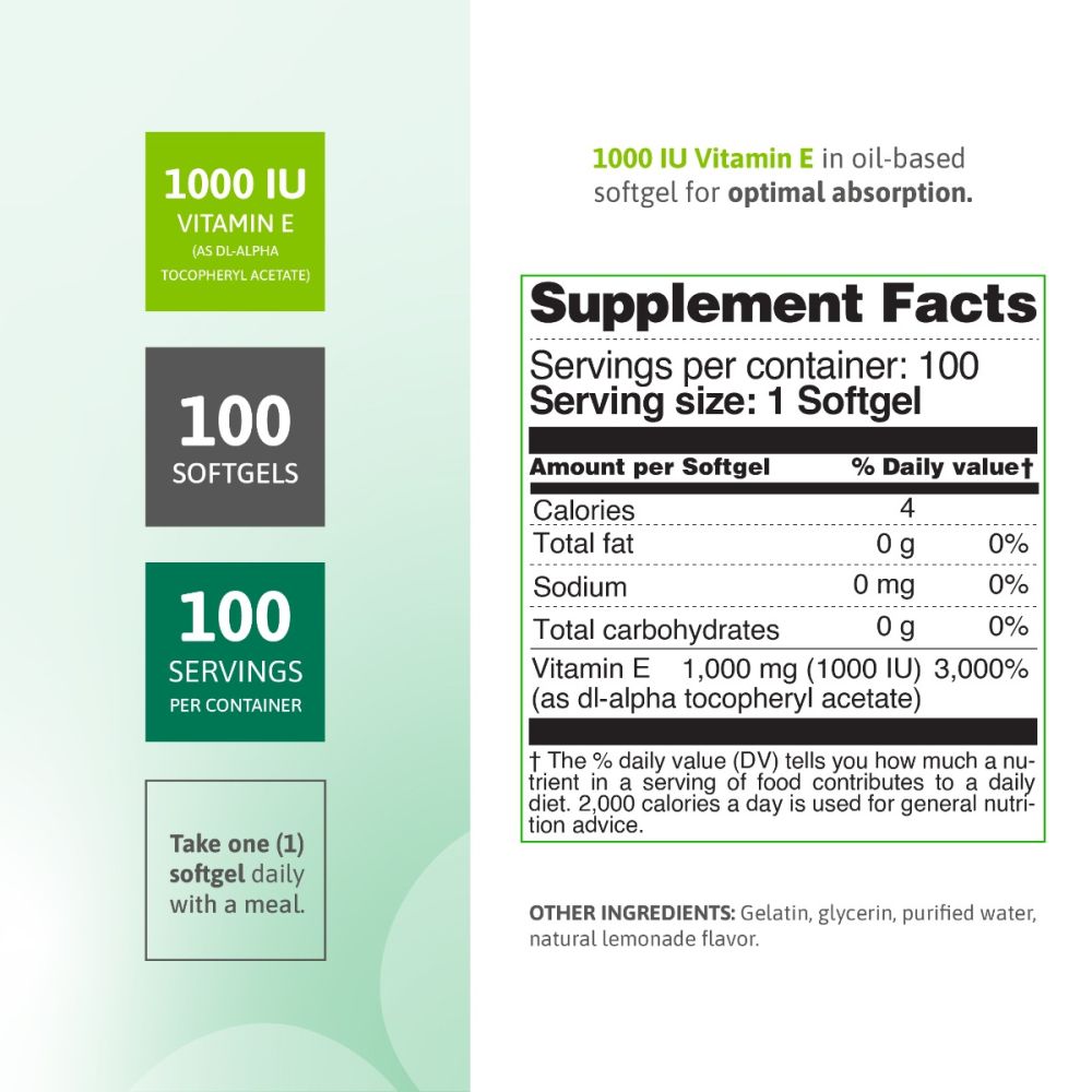 Vitamin E 1000 IU softgel daily usage instructions and nutritional details.