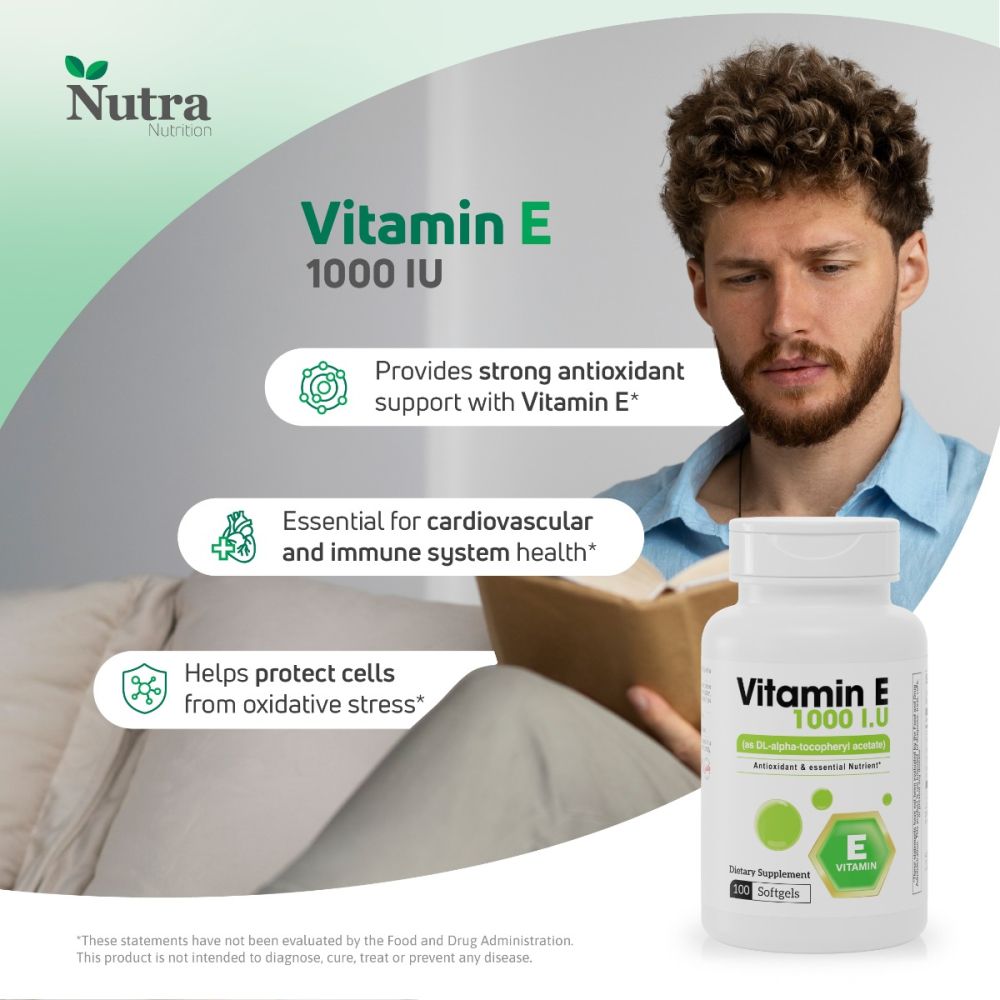 Nutritional supplement facts for Vitamin E 1000 IU in box format with dl-alpha-tocopheryl acetate.