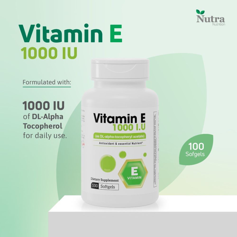 Nutritional supplement facts for Vitamin E 1000 IU in box format with dl-alpha-tocopheryl acetate.