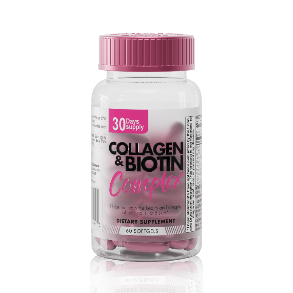 Front view of Collagen & Biotin Complex bottle, showing a pink cap and clear container with softgels inside. Label highlights 30 days supply and promotes health for hair, nails, and skin.