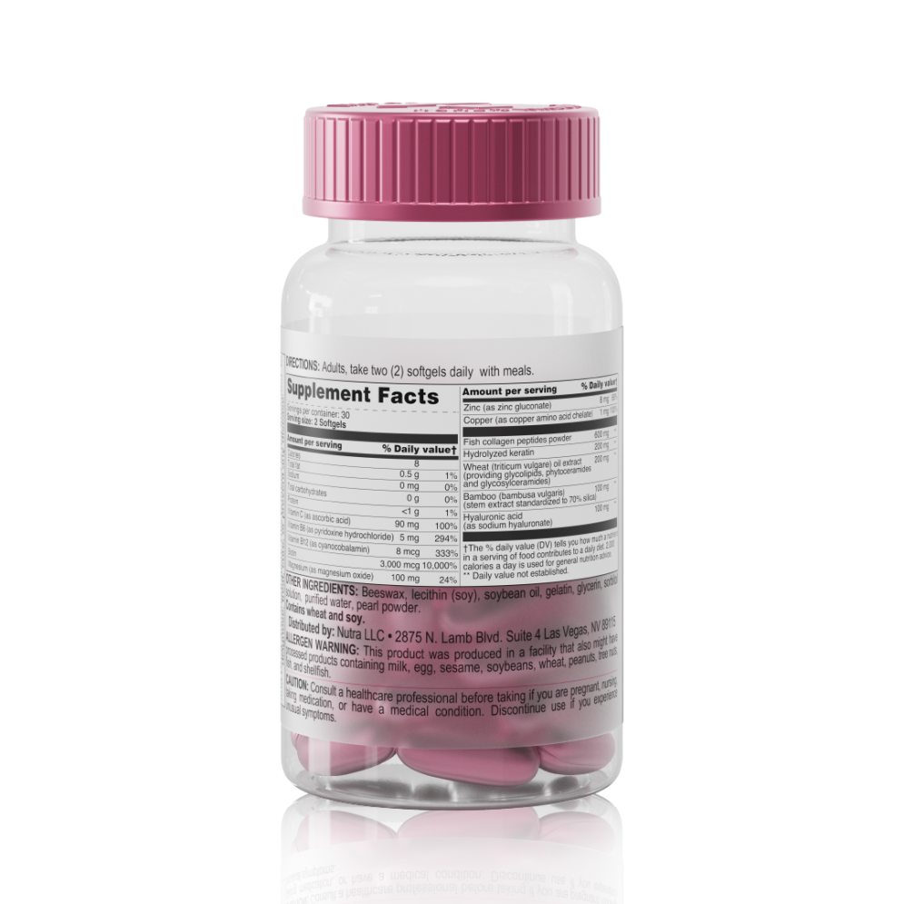 Side view of Collagen & Biotin Complex bottle displaying Supplement Facts, ingredients, and usage instructions with a pink cap and clear container.