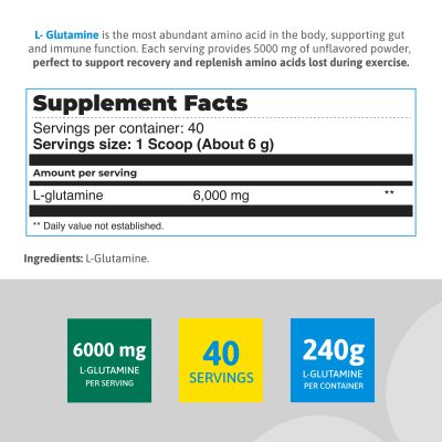 Nutritional information for Healthy Sports L-Glutamine 6000mg powder, unflavored amino acid, 240g, 40 servings for fitness recovery.