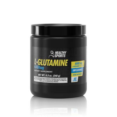 Healthy Sports L-Glutamine powder 6000mg, 240g container, 40 servings, supports muscle recovery, gut health, and immune function.