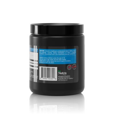 Back view of Healthy Sports L-Glutamine 6000mg supplement, 240g with directions, caution details, and product information.